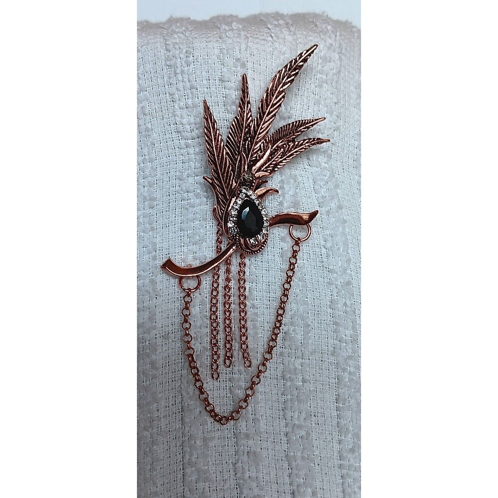Rose Goldtone Black & Clear Rhinestone Feather Hanging Chains Brooch 4 in